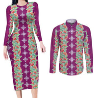 Hawaii Ohia Lehua Couples Matching Long Sleeve Bodycon Dress and Long Sleeve Button Shirt Tropical Vibes Fuchsia LT05 Fuchsia - Polynesian Pride