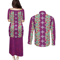 Hawaii Ohia Lehua Couples Matching Puletasi and Long Sleeve Button Shirt Tropical Vibes Fuchsia LT05 - Polynesian Pride