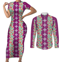 Hawaii Ohia Lehua Couples Matching Short Sleeve Bodycon Dress and Long Sleeve Button Shirt Tropical Vibes Fuchsia LT05 Fuchsia - Polynesian Pride