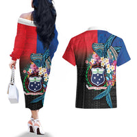 Samoa Couples Matching Off The Shoulder Long Sleeve Dress and Hawaiian Shirt Humpback Whale Siapo Pattern