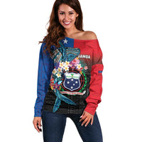 Samoa Off Shoulder Sweater Humpback Whale Siapo Pattern LT05 Women Blue - Polynesian Pride