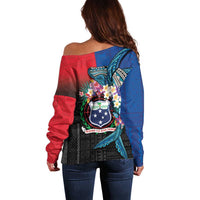 Samoa Off Shoulder Sweater Humpback Whale Siapo Pattern LT05 - Polynesian Pride