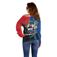 Samoa Off Shoulder Sweater Humpback Whale Siapo Pattern LT05 - Polynesian Pride