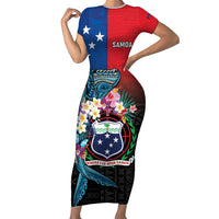 Samoa Short Sleeve Bodycon Dress Humpback Whale Siapo Pattern LT05 Long Dress Blue - Polynesian Pride