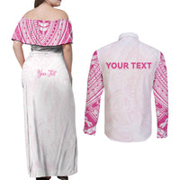Personalised New Zealand Aotearoa Couples Matching Off Shoulder Maxi Dress and Long Sleeve Button Shirt Nurse Tribal Pink Version LT05 - Polynesian Pride