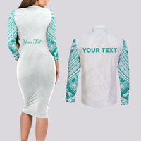 Personalised New Zealand Aotearoa Couples Matching Long Sleeve Bodycon Dress and Long Sleeve Button Shirt Nurse Tribal Teal Version