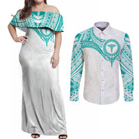 Personalised New Zealand Aotearoa Couples Matching Off Shoulder Maxi Dress and Long Sleeve Button Shirt Nurse Tribal Teal Version LT05 Teal - Polynesian Pride