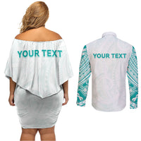 Personalised New Zealand Aotearoa Couples Matching Off Shoulder Short Dress and Long Sleeve Button Shirt Nurse Tribal Teal Version LT05 - Polynesian Pride