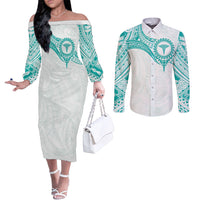 Personalised New Zealand Aotearoa Couples Matching Off The Shoulder Long Sleeve Dress and Long Sleeve Button Shirt Nurse Tribal Teal Version