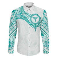 Personalised New Zealand Aotearoa Family Matching Off The Shoulder Long Sleeve Dress and Hawaiian Shirt Nurse Tribal Teal Version LT05 Dad's Shirt - Long Sleeve Teal - Polynesian Pride
