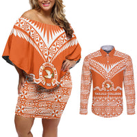 Personalised Tonga Tailulu College Couples Matching Off Shoulder Short Dress and Long Sleeve Button Shirt Tongan Kupesi Pattern