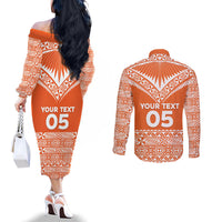 Personalised Tonga Tailulu College Couples Matching Off The Shoulder Long Sleeve Dress and Long Sleeve Button Shirt Tongan Kupesi Pattern LT05 - Polynesian Pride
