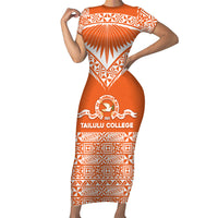 Personalised Tonga Tailulu College Family Matching Short Sleeve Bodycon Dress and Hawaiian Shirt Tongan Kupesi Pattern
