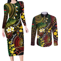 Vanuatu And Australia Aboriginal Couples Matching Long Sleeve Bodycon Dress and Long Sleeve Button Shirt Iguana And Kangaroo Together LT05 Black - Polynesian Pride