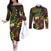 Vanuatu And Australia Aboriginal Couples Matching Off The Shoulder Long Sleeve Dress and Long Sleeve Button Shirt Iguana And Kangaroo Together LT05 Black - Polynesian Pride