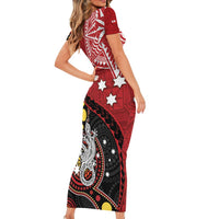 Tonga Ngatu And Australia Aboriginal Short Sleeve Bodycon Dress Tongan Dove And Kangaroo Together