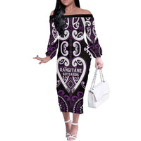 Custom Aotearoa Rangitane Off The Shoulder Long Sleeve Dress Maori Tribal Pattern LT05 Women Purple - Polynesian Pride