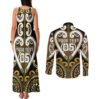 Custom Aotearoa Taranaki Couples Matching Tank Maxi Dress and Long Sleeve Button Shirt Maori Tribal Pattern