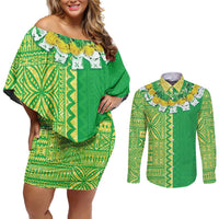 Fiji Lovoni Couples Matching Off Shoulder Short Dress and Long Sleeve Button Shirt Fijian Tapa Salusalu Green Glitter
