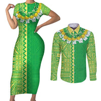 Fiji Lovoni Couples Matching Short Sleeve Bodycon Dress and Long Sleeve Button Shirt Fijian Tapa Salusalu Green Glitter