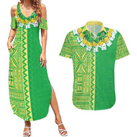 Fiji Lovoni Couples Matching Summer Maxi Dress and Hawaiian Shirt Fijian Tapa Salusalu Green Glitter