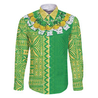 Fiji Lovoni Family Matching Puletasi and Hawaiian Shirt Fijian Tapa Salusalu Green Glitter LT05 Dad's Shirt - Long Sleeve Green - Polynesian Pride