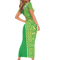 Fiji Lovoni Family Matching Short Sleeve Bodycon Dress and Hawaiian Shirt Fijian Tapa Salusalu Green Glitter