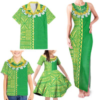 Fiji Lovoni Family Matching Tank Maxi Dress and Hawaiian Shirt Fijian Tapa Salusalu Green Glitter