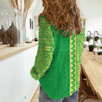 Fiji Lovoni Women Casual Shirt Fijian Tapa Salusalu Green Glitter