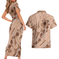 Hawaii Brown Hibiscus Pikake Lei Couples Matching Short Sleeve Bodycon Dress and Hawaiian Shirt - Polynesian Pride