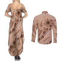 Hawaii Brown Hibiscus Pikake Lei Couples Matching Summer Maxi Dress and Long Sleeve Button Shirt - Polynesian Pride