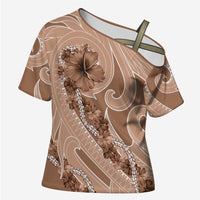 Hawaii Brown Hibiscus Pikake Lei Cross Shoulder Shirt - Polynesian Pride