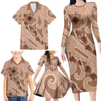 Hawaii Brown Hibiscus Pikake Lei Family Matching Long Sleeve Bodycon Dress and Hawaiian Shirt - Polynesian Pride