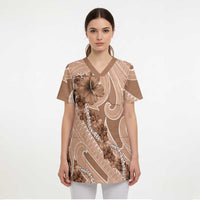 Hawaii Brown Hibiscus Pikake Lei Scrub Top - Polynesian Pride