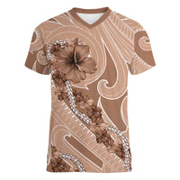 Hawaii Brown Hibiscus Pikake Lei Women V-Neck T-Shirt - Polynesian Pride