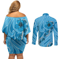 Hawaii Blue Hibiscus Pikake Lei Couples Matching Off Shoulder Short Dress and Long Sleeve Button Shirt - Polynesian Pride