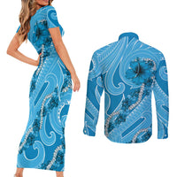 Hawaii Blue Hibiscus Pikake Lei Couples Matching Short Sleeve Bodycon Dress and Long Sleeve Button Shirt - Polynesian Pride