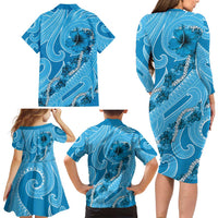 Hawaii Blue Hibiscus Pikake Lei Family Matching Long Sleeve Bodycon Dress and Hawaiian Shirt - Polynesian Pride