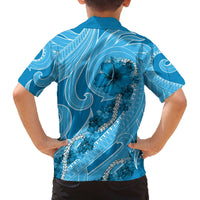 Hawaii Blue Hibiscus Pikake Lei Family Matching Off The Shoulder Long Sleeve Dress and Hawaiian Shirt - Polynesian Pride