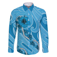 Hawaii Blue Hibiscus Pikake Lei Family Matching Off The Shoulder Long Sleeve Dress and Hawaiian Shirt - Polynesian Pride