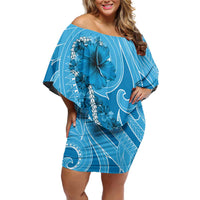 Hawaii Blue Hibiscus Pikake Lei Off Shoulder Short Dress - Polynesian Pride