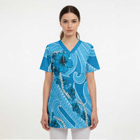 Hawaii Blue Hibiscus Pikake Lei Scrub Top - Polynesian Pride