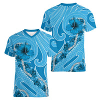 Hawaii Blue Hibiscus Pikake Lei Women V-Neck T-Shirt - Polynesian Pride