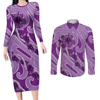 Hawaii Violet Hibiscus Pikake Lei Couples Matching Long Sleeve Bodycon Dress and Long Sleeve Button Shirt - Polynesian Pride