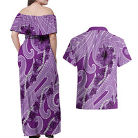 Hawaii Violet Hibiscus Pikake Lei Couples Matching Off Shoulder Maxi Dress and Hawaiian Shirt - Polynesian Pride