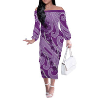 Hawaii Violet Hibiscus Pikake Lei Off The Shoulder Long Sleeve Dress - Polynesian Pride