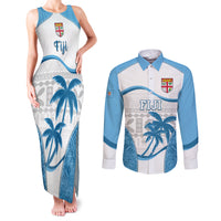 Fiji Rugby Couples Matching Tank Maxi Dress and Long Sleeve Button Shirts World Cup 2023 Fijian Tapa Pattern Blue Version LT05 Blue - Polynesian Pride