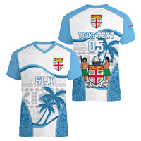 Custom Fiji Rugby Women V Neck T Shirt World Cup 2023 Fijian Tapa Pattern Blue Version LT05 - Polynesian Pride