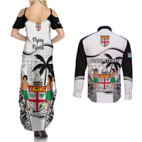 Fiji Rugby Couples Matching Summer Maxi Dress and Long Sleeve Button Shirts World Cup 2023 Fijian Tapa Pattern Black Version LT05 - Polynesian Pride