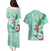 Hawaii Tropical Flowers Couples Matching Puletasi and Hawaiian Shirt Polynesian Tattoo Mint Green